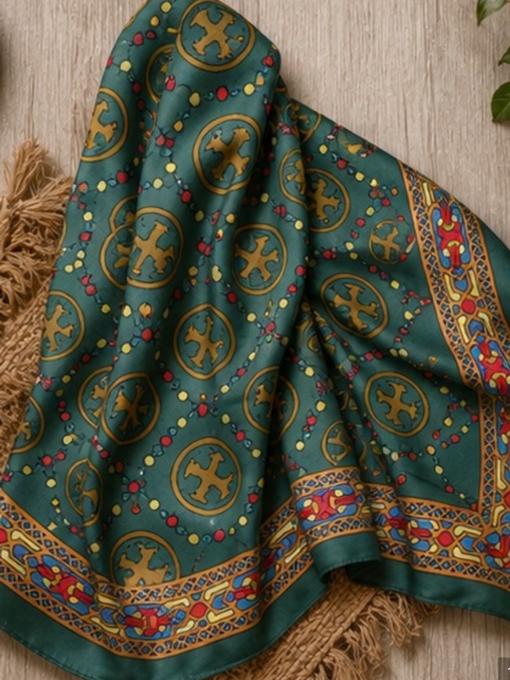 Large Designer Inspired Vintage Medallion Print Square Scarf Emerald Green